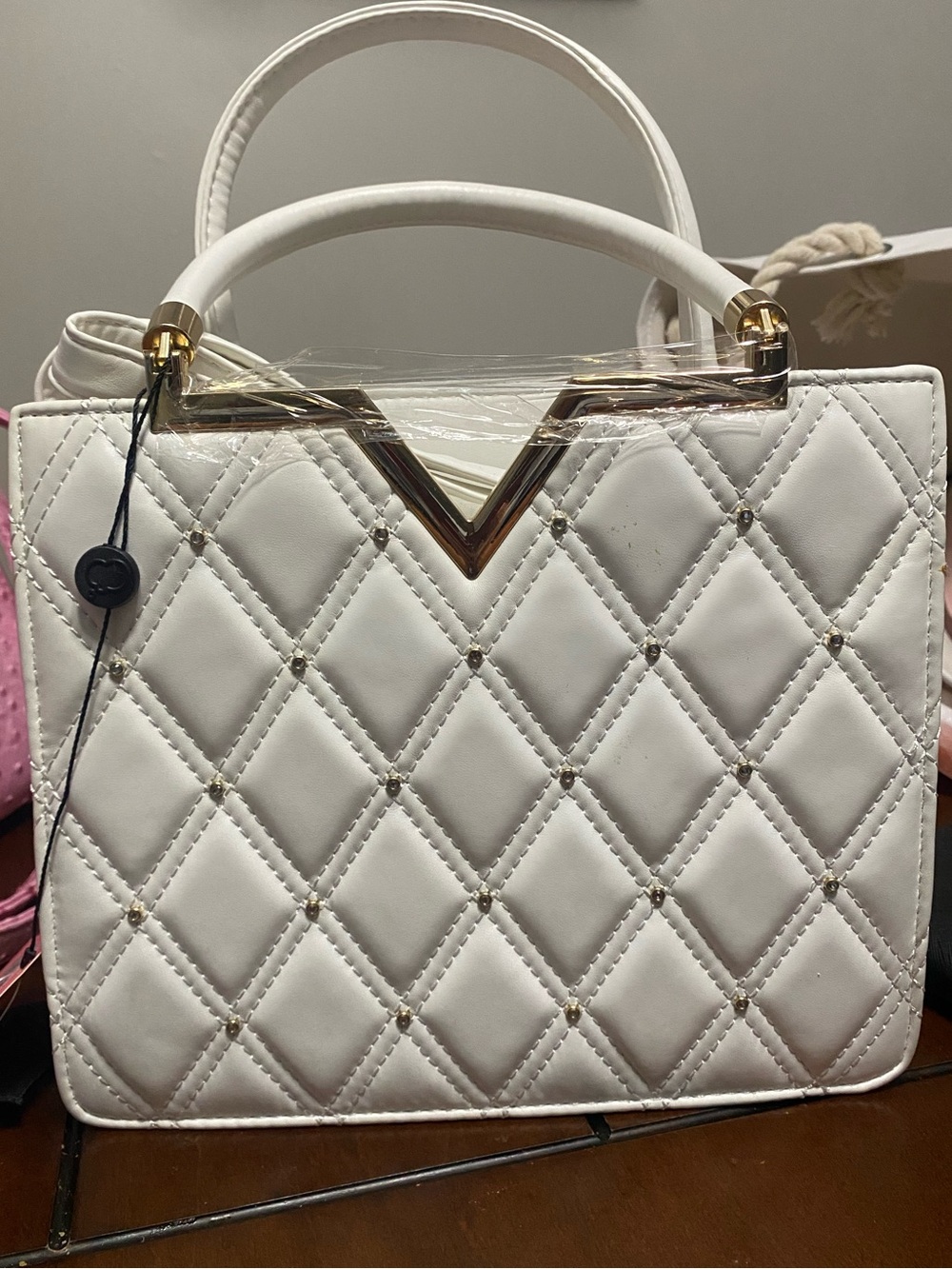 White Quilted Top-Handle Women's Handbag with Gold Accent